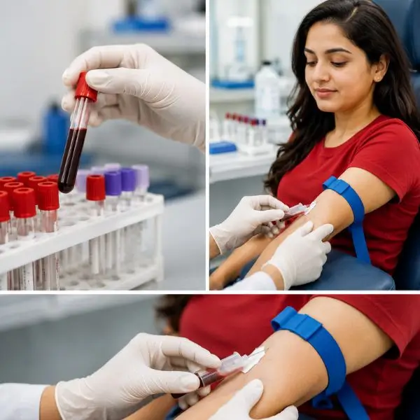 Phlebotomist performing home sample collection for Full Body Checkup in Delhi